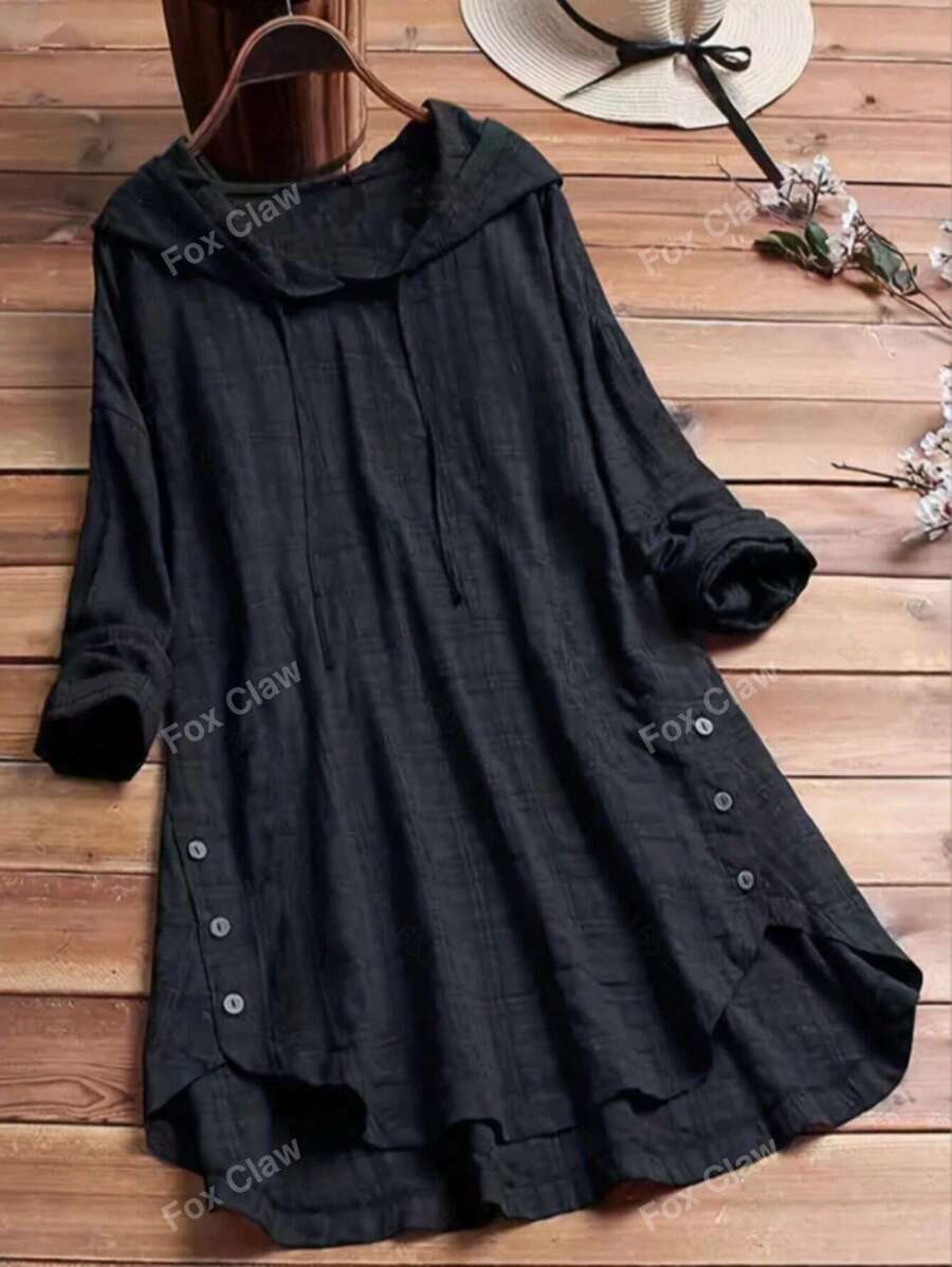 Top Plus De Cuadros Con Botones Decorativos Y Cordón Con Capucha Y Dobladillo Alto Y Bajo