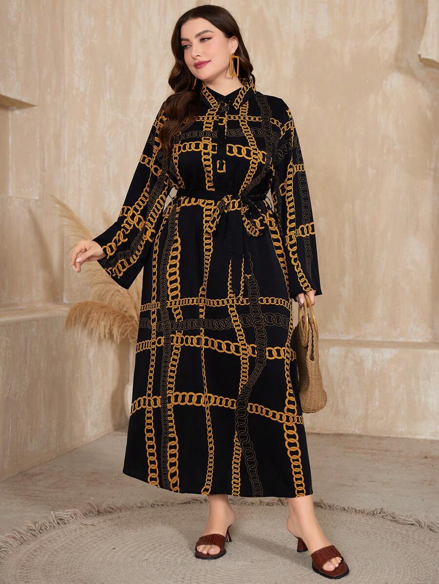 Mulvari Plus Size Chain Pattern Long Sleeve Buttoned Dress Maxi Women Outfit