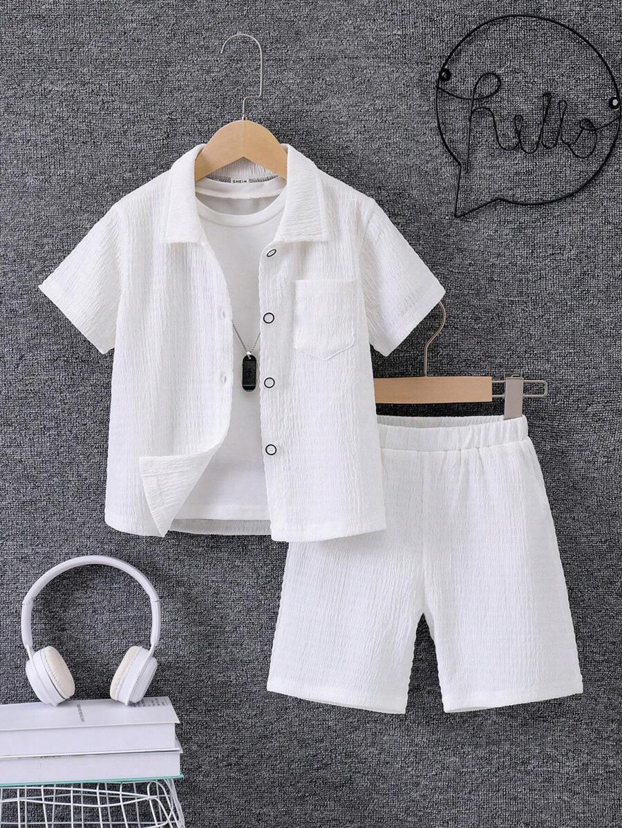 SHEIN 2pcs/Set Young Boy Plain Button Down Shirt & Shorts Set, Suitable For Casual Beach Vacation, Summer