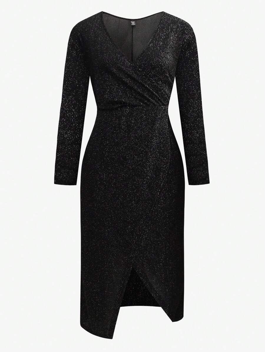 SHEIN Clasi Plus Size Wrap Top Asymmetric Hem Glitter Dress
