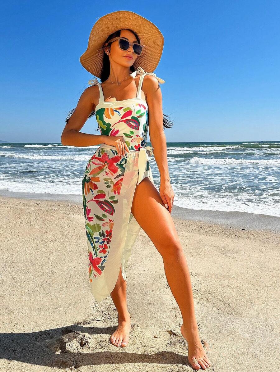 Swim Vcay Summer Beach Floral Print One-Piece Swimsuit And Beach Skirt