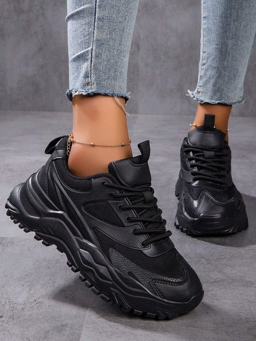 Sporty Front Chunky Sneakers For Women,,Two Tone Graphic Lace-up Platform Shoes Black Shoes Lightweight Breathable Comfortable Outdoor Sports Shoes For Women