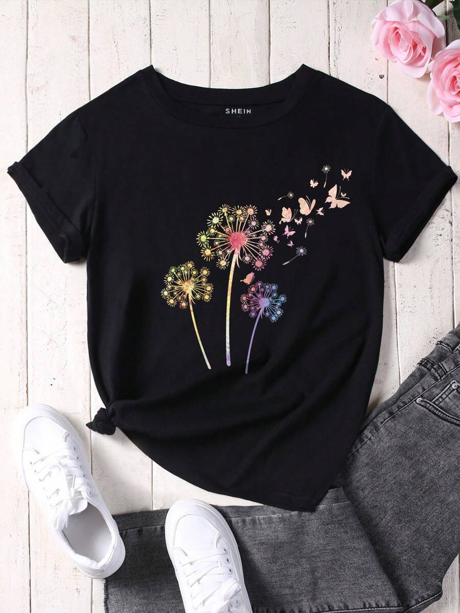 INAWLY Women's Dandelion And Butterfly Pattern Printed Short Sleeve T-Shirt Graphic Tees Women Tops