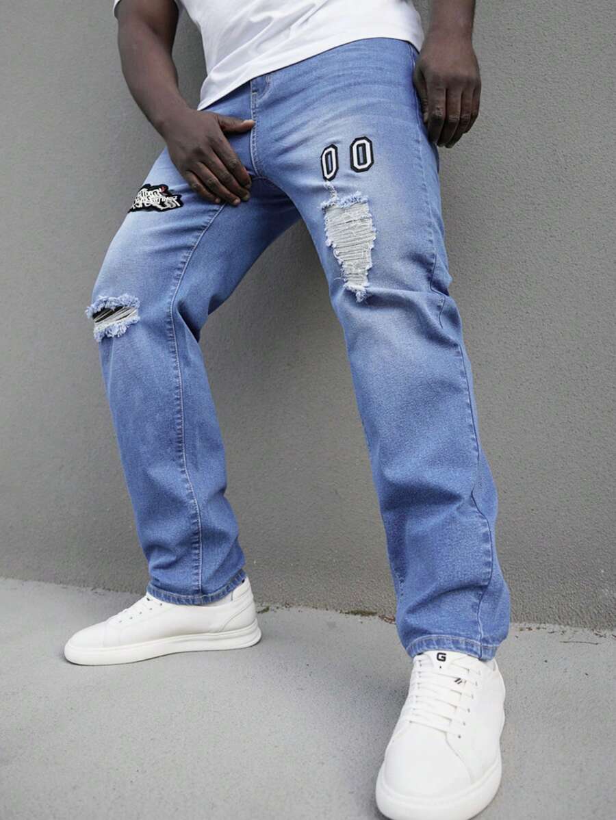 Manfinity EMRG Jeans Masculino Plus Size Lavado Com Água Rasgado