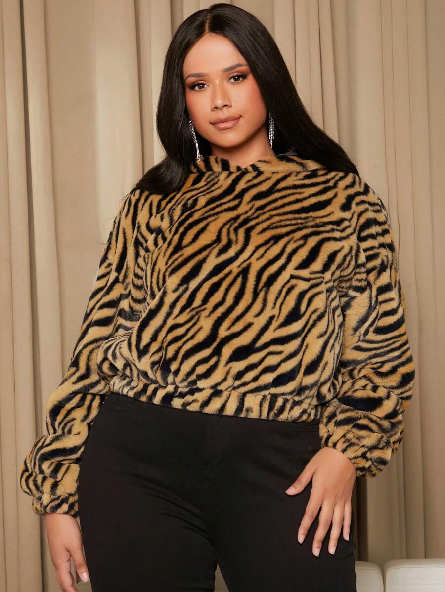 SHEIN SXY Plus Zebra Striped Drop Shoulder Fleece Hooded Sweatshirt
