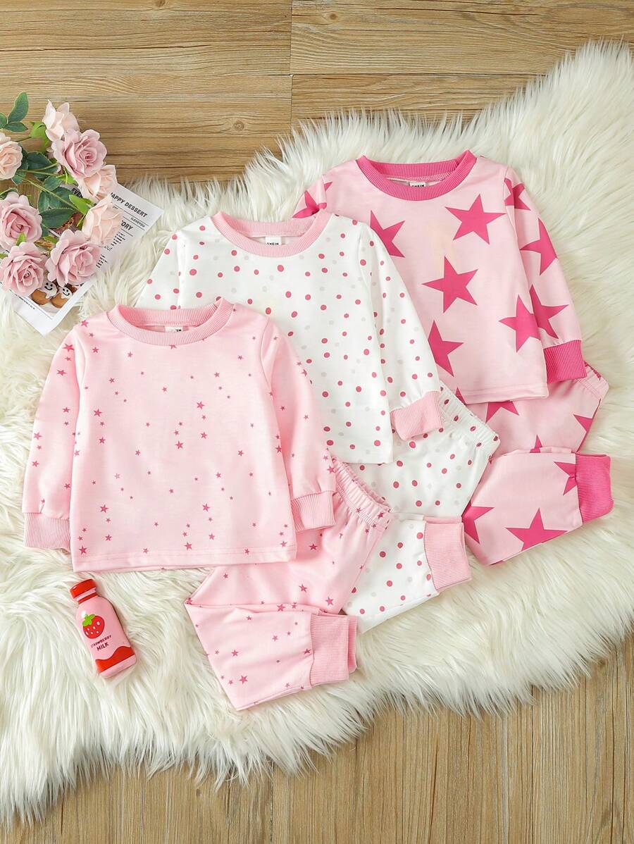 Conjunto Casual De 6 Piezas Para Bebé Niña Con Estrellas Rosas Impresas En Manga Larga Y Pantalones Largos