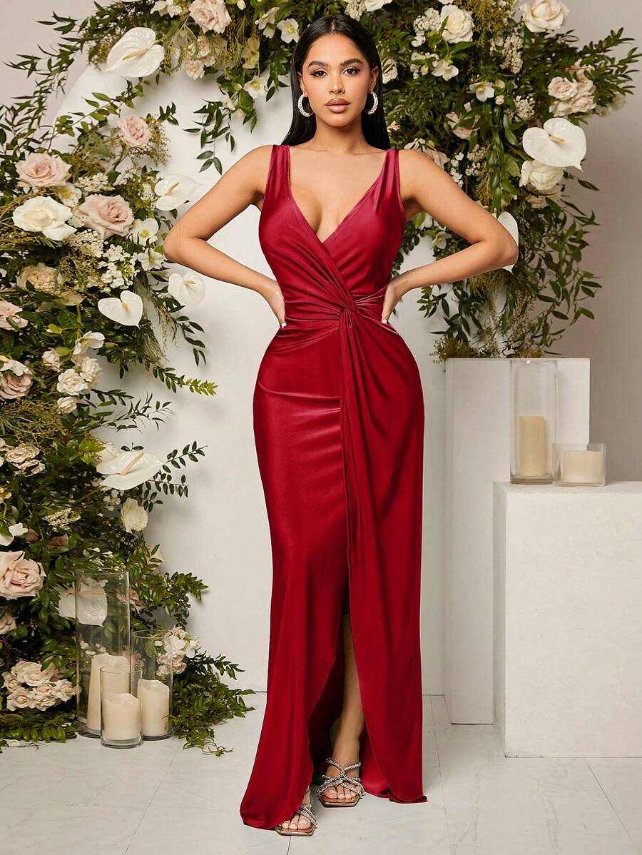 SHEIN Belle Burgundy Red Deep V-Neck Sleeveless Bridesmaid Dress With Waist Knot Detail, Wedding Guest Dress Party Dress Formal Dress Evening Dress,Gown
