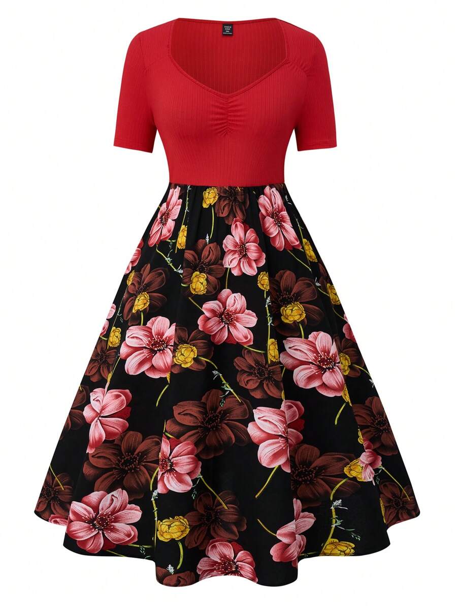 SHEIN Clasi Plus Size Sweetheart Neckline Floral Printed Dress,Valentine