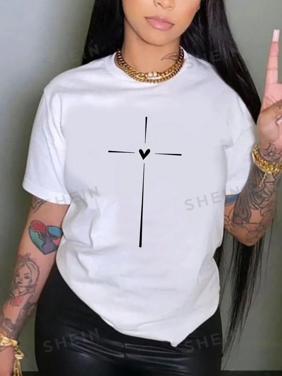 INAWLY Camiseta de manga corta con estampado de corazón y cruz para mujer talla grande, camiseta gráfica para el verano