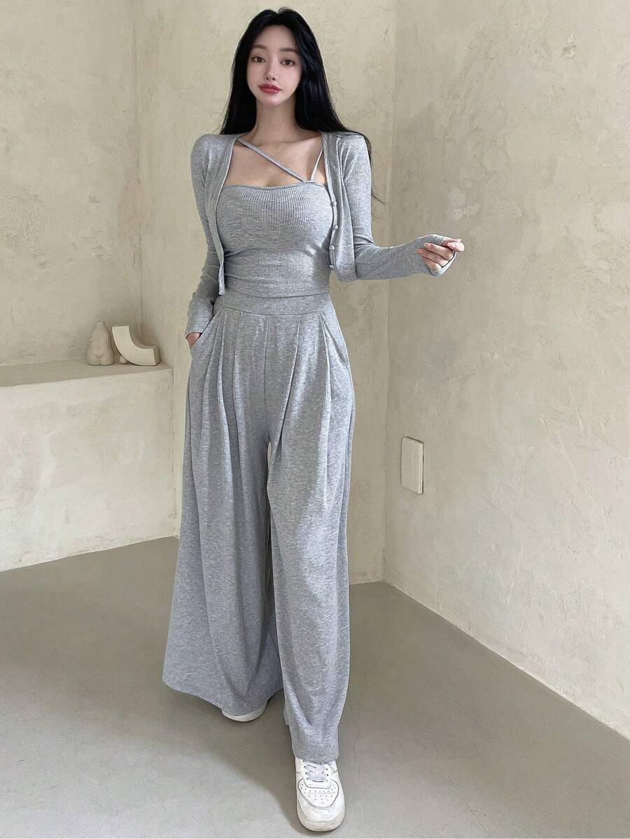 DAZY Solid Color Minimalist Top & Pants Women's Set,Women Two Piece Sets