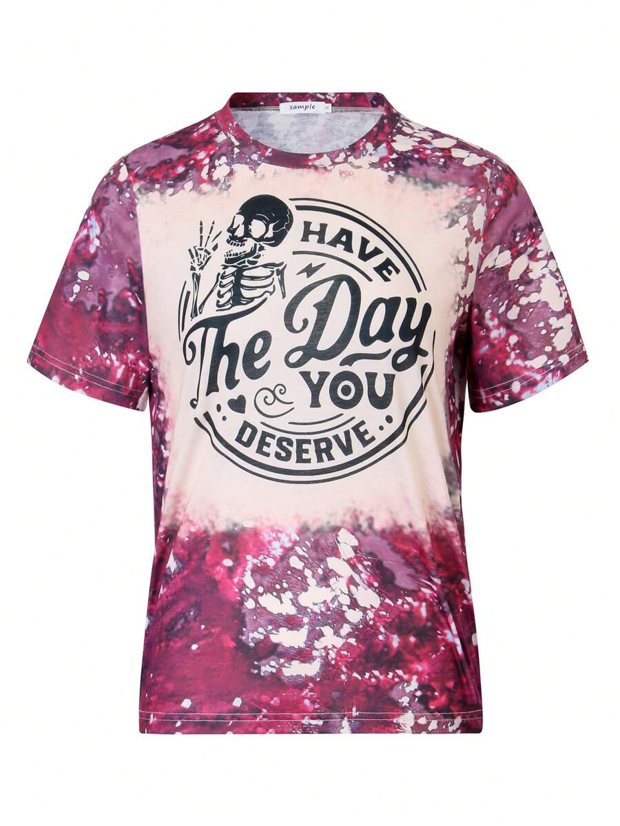SHEIN LUNE Skull & Letter Printed Short Sleeve T-Shirt Graphic Tees Women Tops