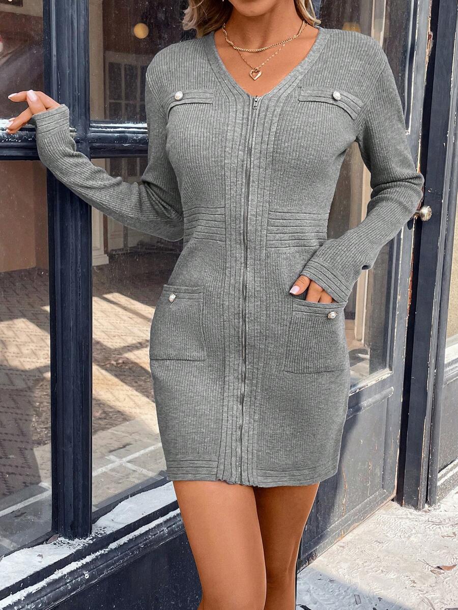 SHEIN Privé Zipper Detail Long Sleeve Knitted Sweater Dress
