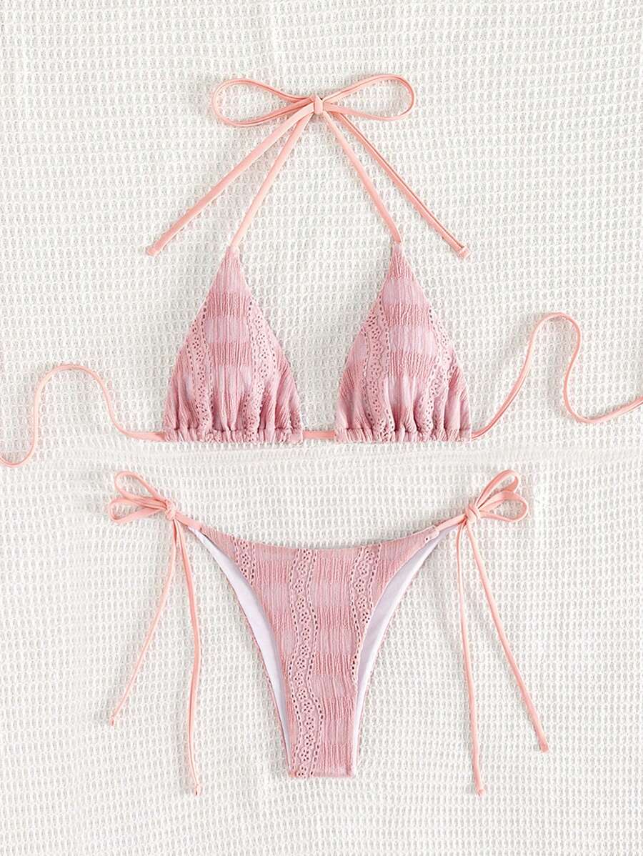 Swim Mod Summer Embroidered Triangle Cup Bikini Set With Tie-Knot Side And Hollow Out Details