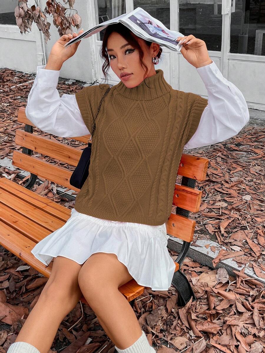 Flirla Solid Color High-neck Sweater Vest For Women