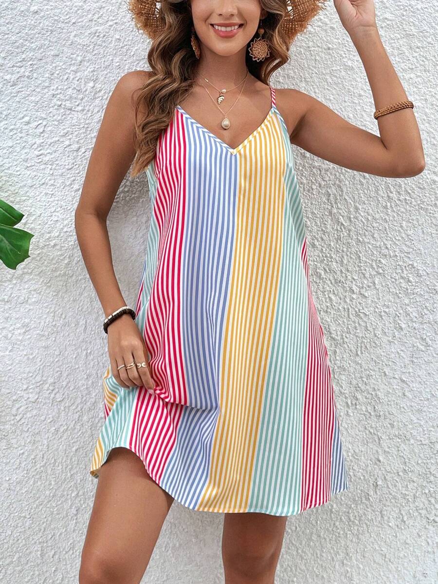 SHEIN VCAY Vestido Con Tirantes Finos A Rayas Y Bloques De Color Para Mujer