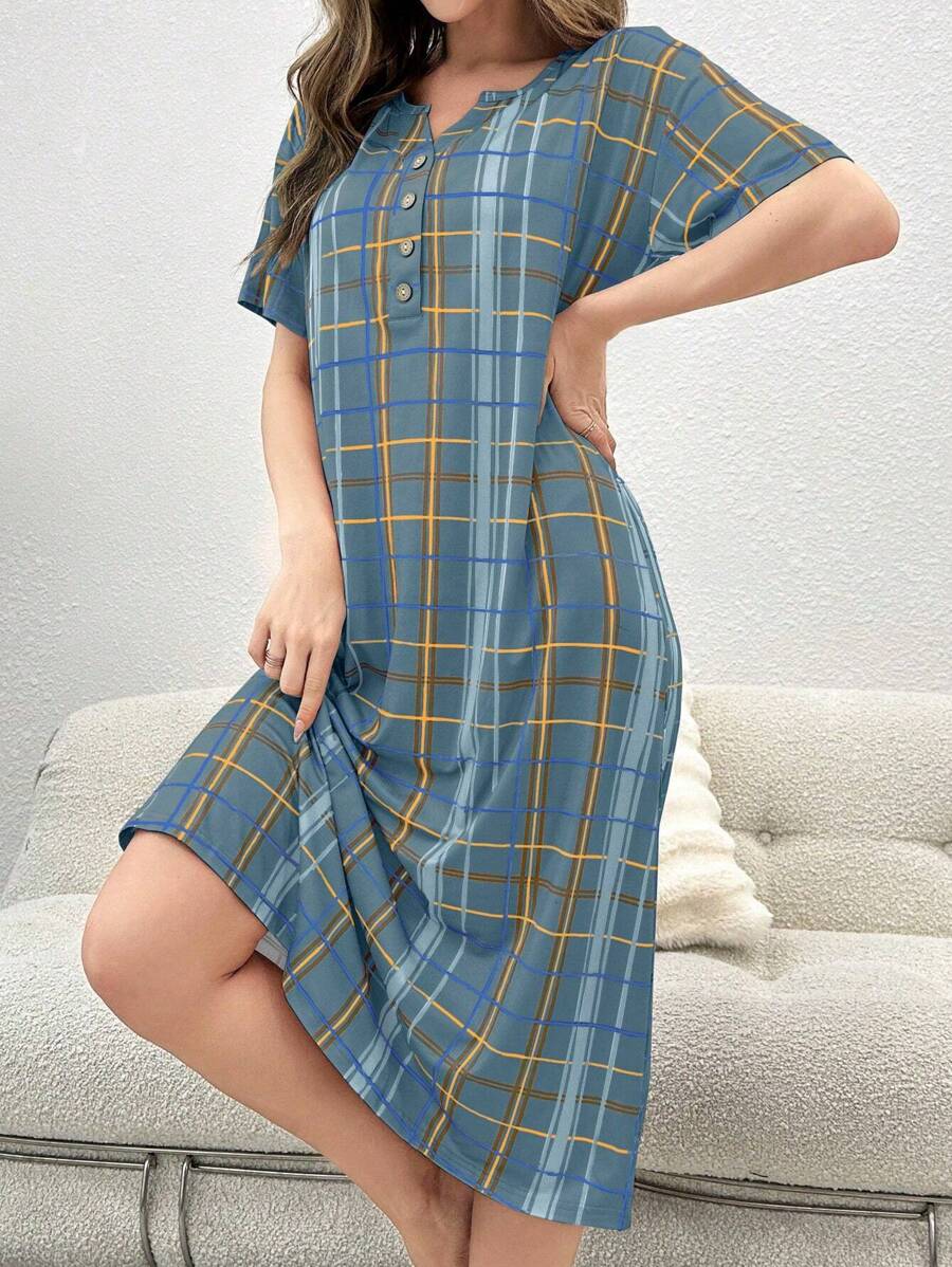 Plaid Printed Short Sleeve Sleep Dress Pajama Dress