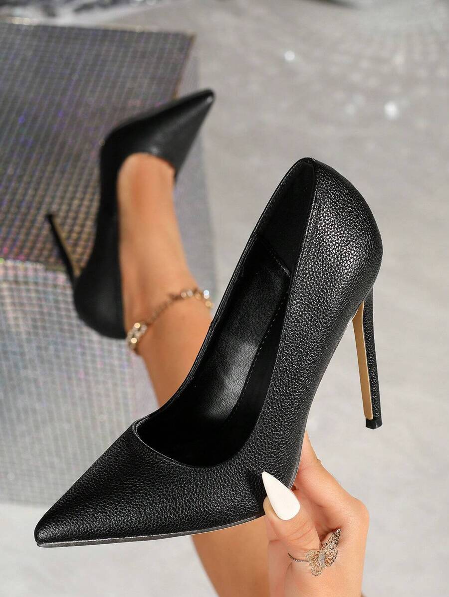 Sexy & Fashionable Women's Black Patent Leather Low Vamp 12cm Stiletto Heel Evening Shoes With Litchi Pattern For Spring & Autumn