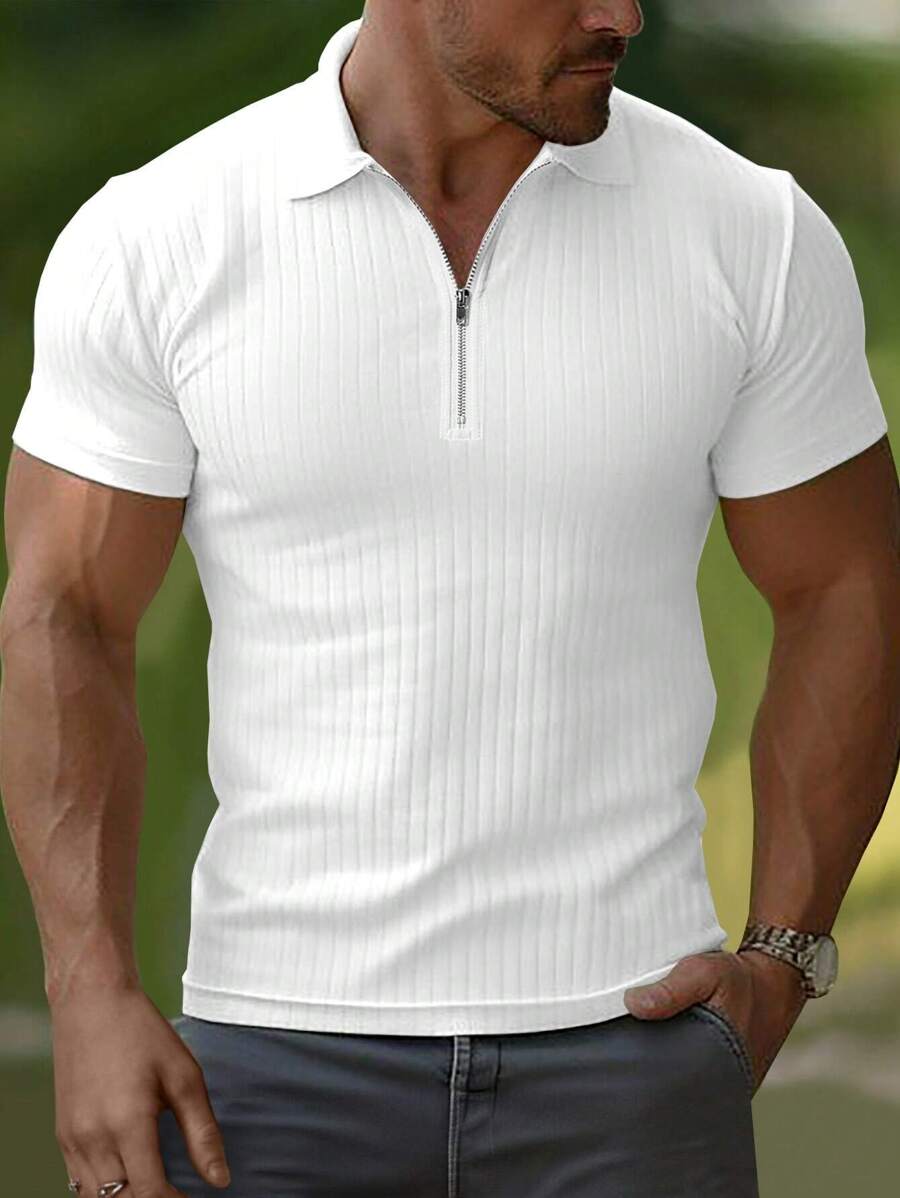 Manfinity Homme Men Short Sleeve Ribbed Collar Plain Casual Polo Shirt, For Going Out, For Husband, Mens Zipper Polo Shirt, Mens Ribbed Polo Shirt, Mens Fitted Polo Shirt