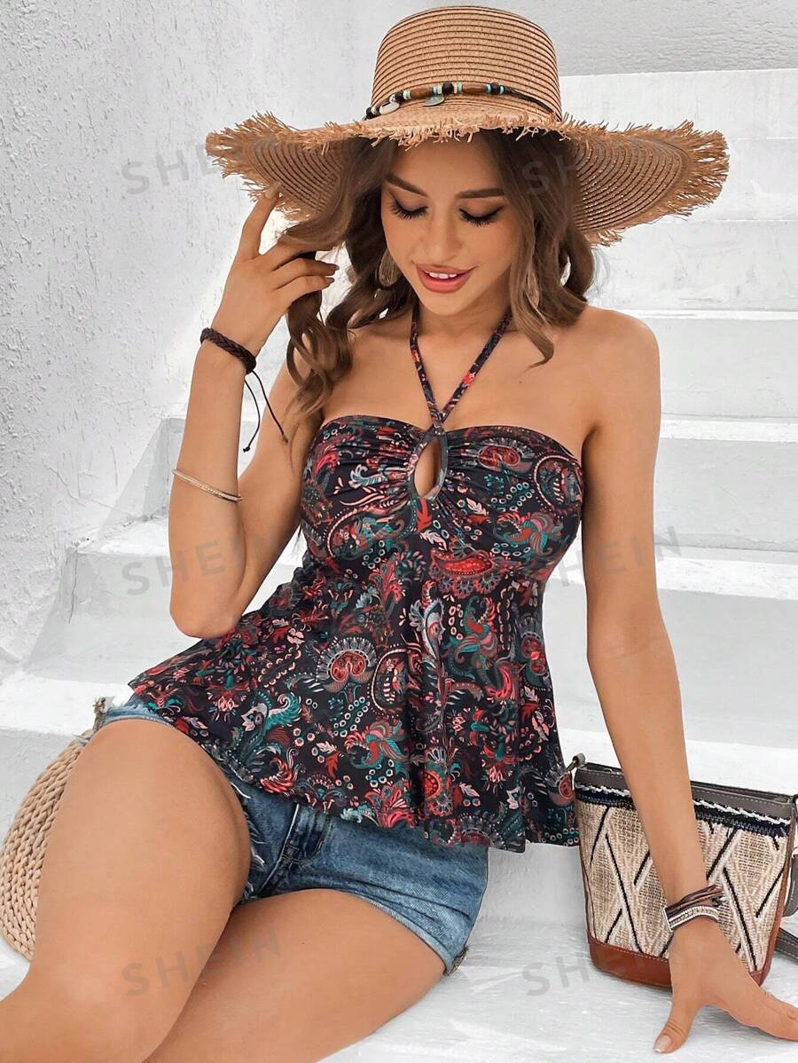 SHEIN VCAY Top de estilo vacacional con cuello halter y diseño de cruz paisley