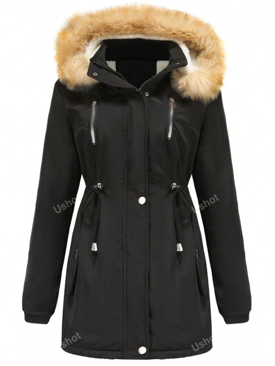 Women's Warm Parka Coat Thickened Winter Warm Furry Fluffy Hooded Jacket With Pocket Fashion Casual Ski Fit Windbreaker Outerwear