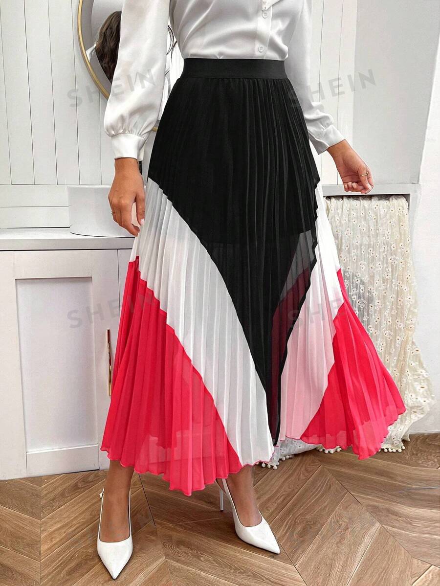 SHEIN Privé Falda Plisada De Color Con Contraste