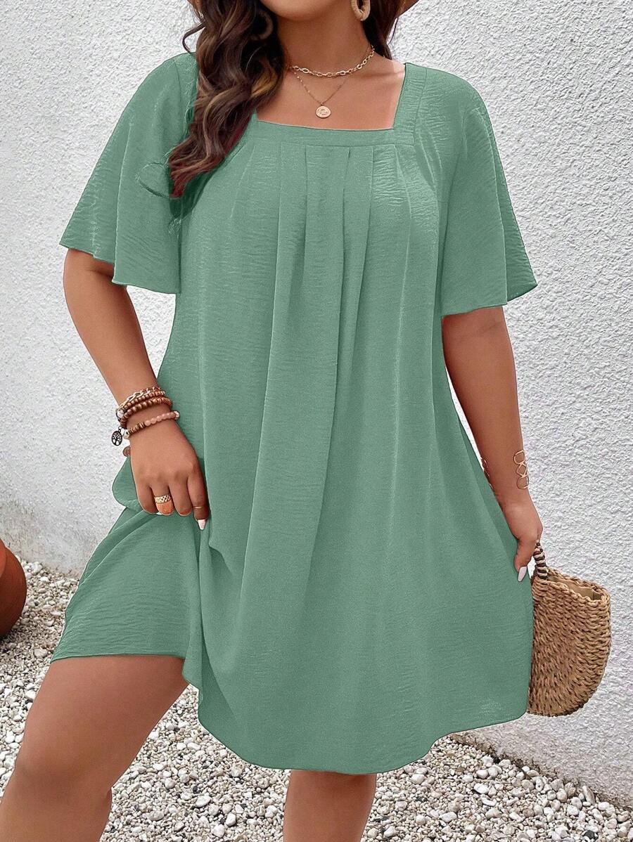 EMERY ROSE Plus Size Square Neck Short Sleeve Ruffled Bust Pleated Loose Straight Hem Elegant Casual Knee Length Dress