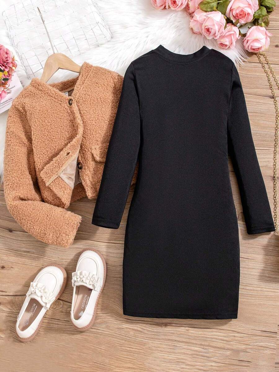 SHEIN Conjunto De Dos Piezas Para Niñas, Que Incluye Chaqueta De Forro Polar Color Caqui Y Vestido Negro, Para Niños Mayores