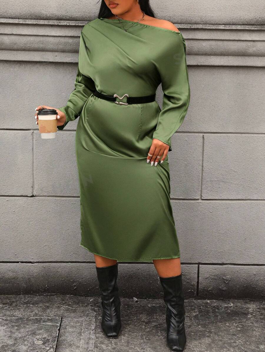 Celure Vestido De Tafetán Con Hombros Oblicuos Para Mujer Talla Grande