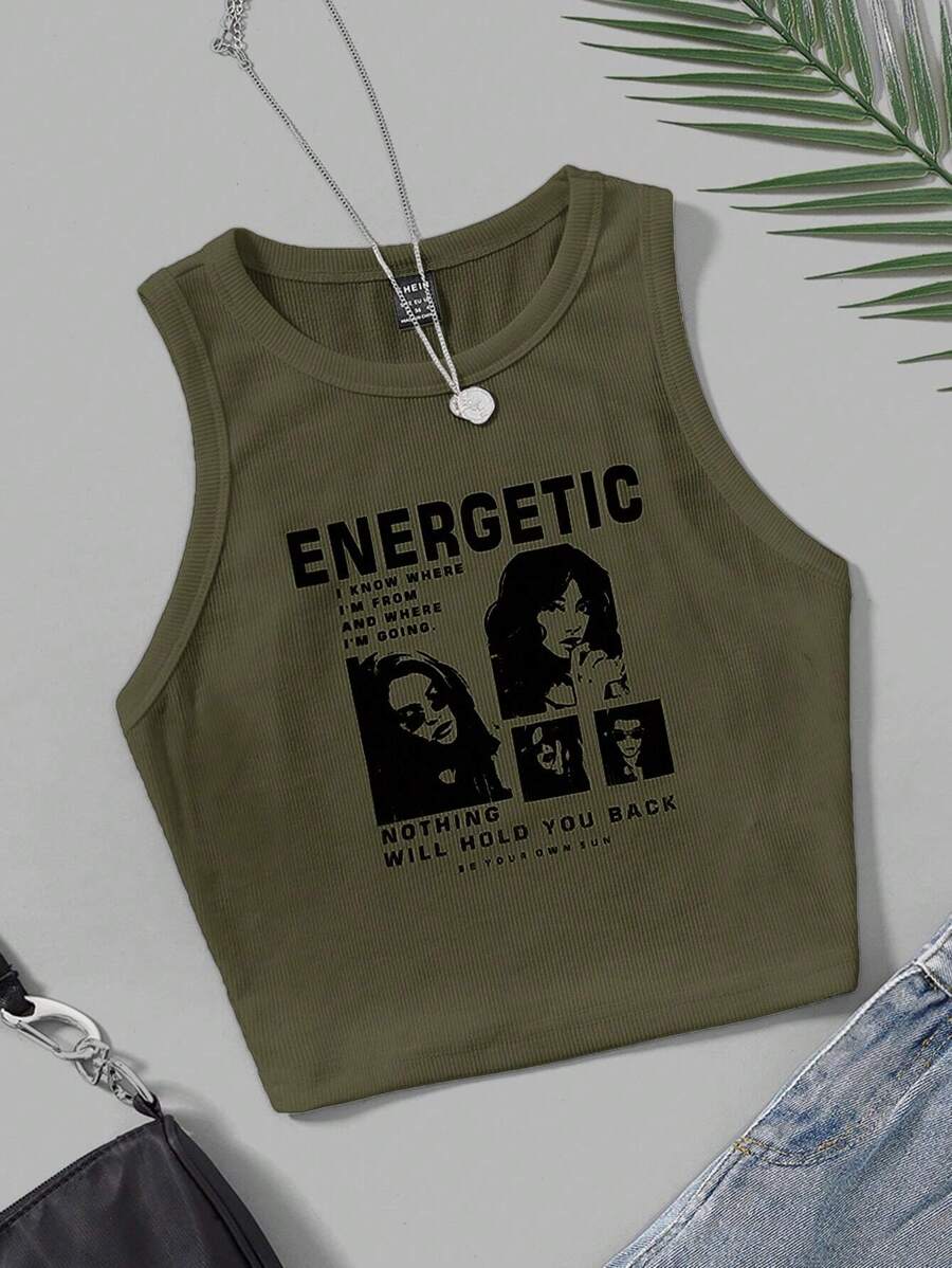SHEIN EZwear Pattern Printed Knitted Sleeveless Tight-Fitting Tank Top For Summer ENERGETIC I KNOW WHERE I'M FROM AND WHERE I'M GOING NOTHING WILL HOLD YOU BACK BE YOUR OWN SUN