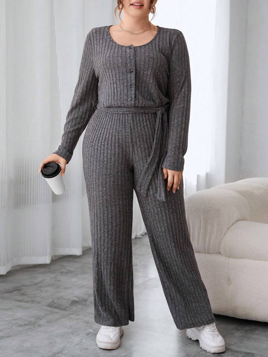 SHEIN Essnce Plus Size Monochromatic Round Neck Long Sleeve Jumpsuit