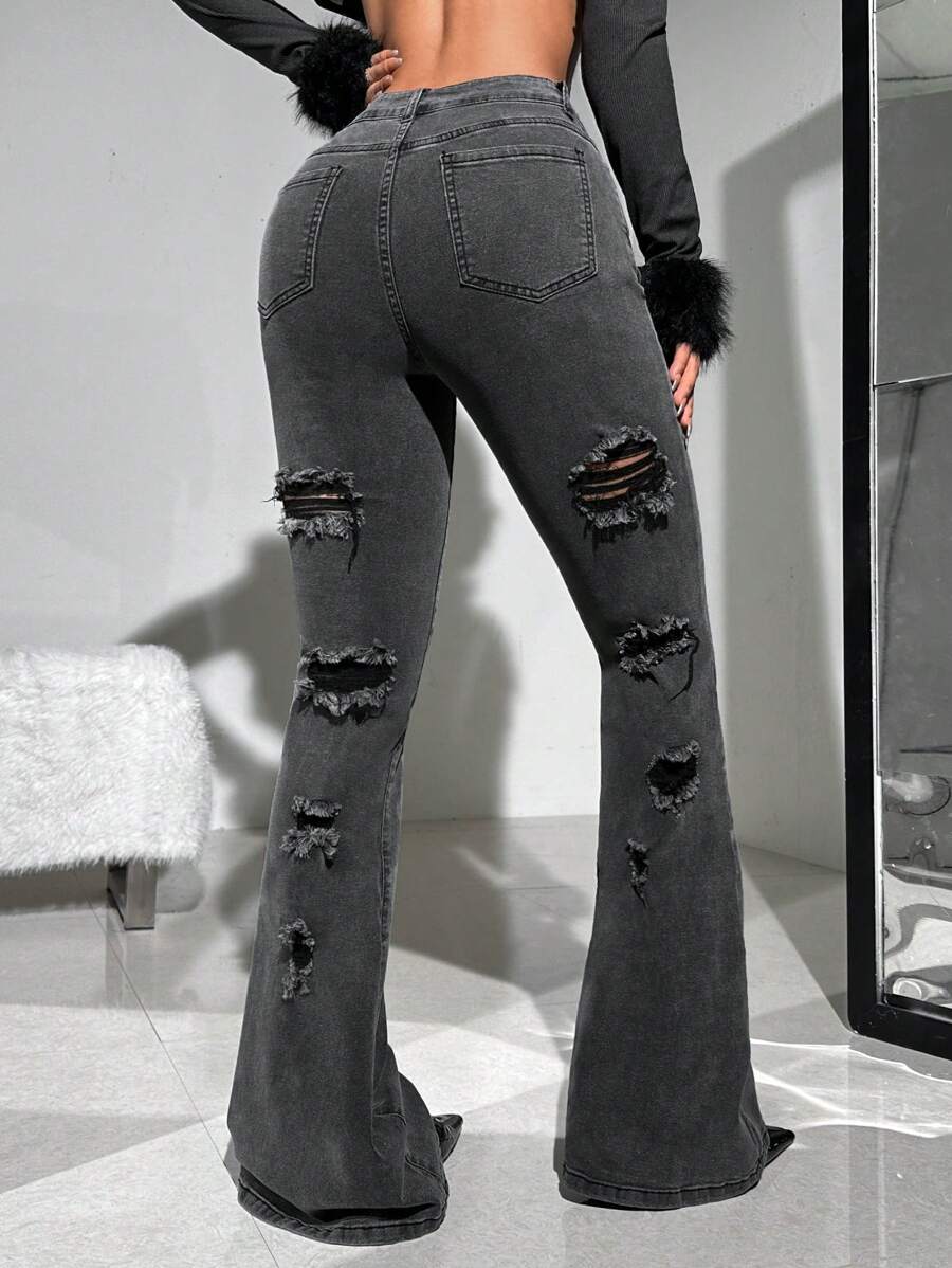 SHEIN ICON Casual Low Waist Slim Fit Flared Jeans With Frayed Hem