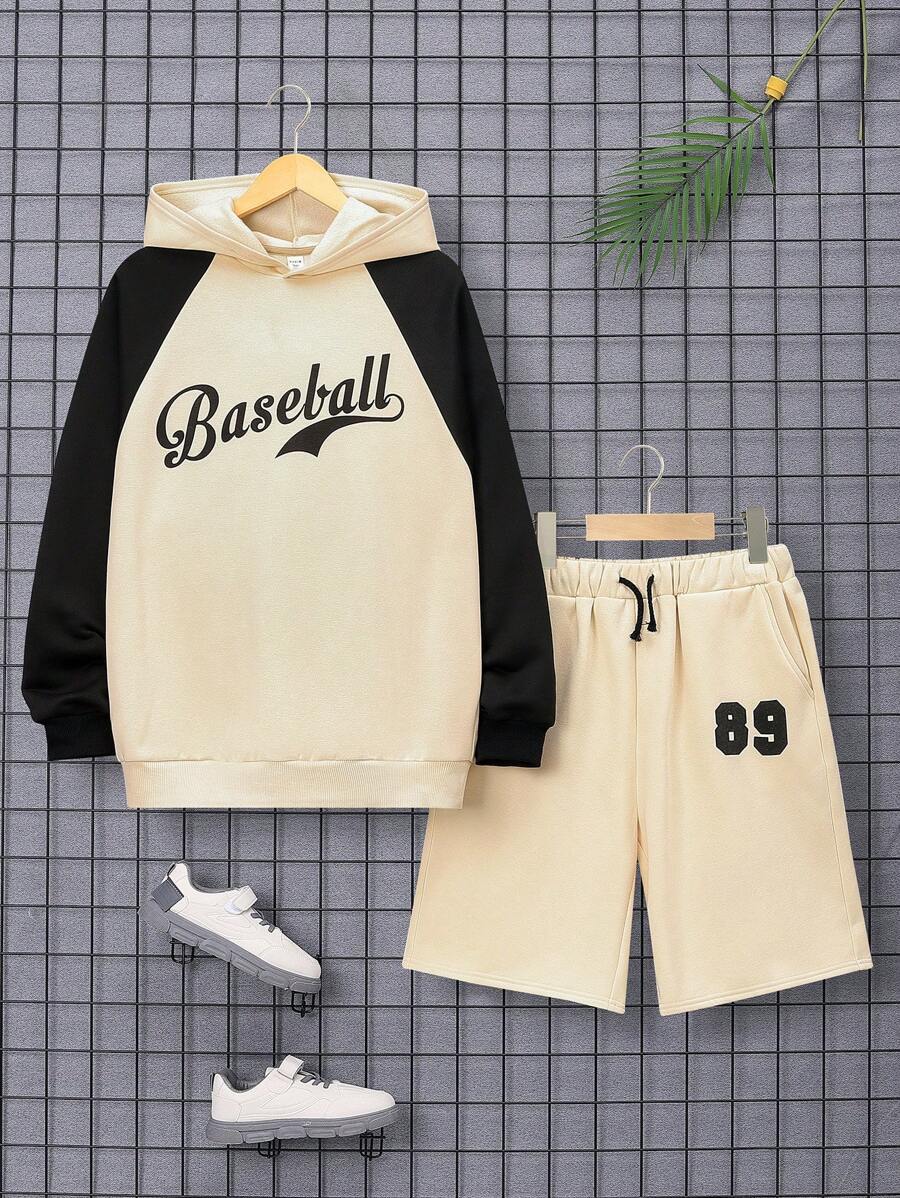 SHEIN Teen Boys' Casual Comfortable English Printed Contrast Hoodie And Shorts Set