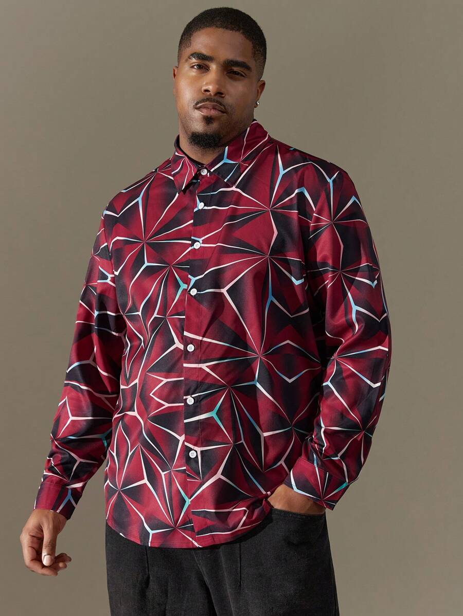 Manfinity LEGND Men'S Plus Size All-Match Printed Long Sleeve Casual Shirt