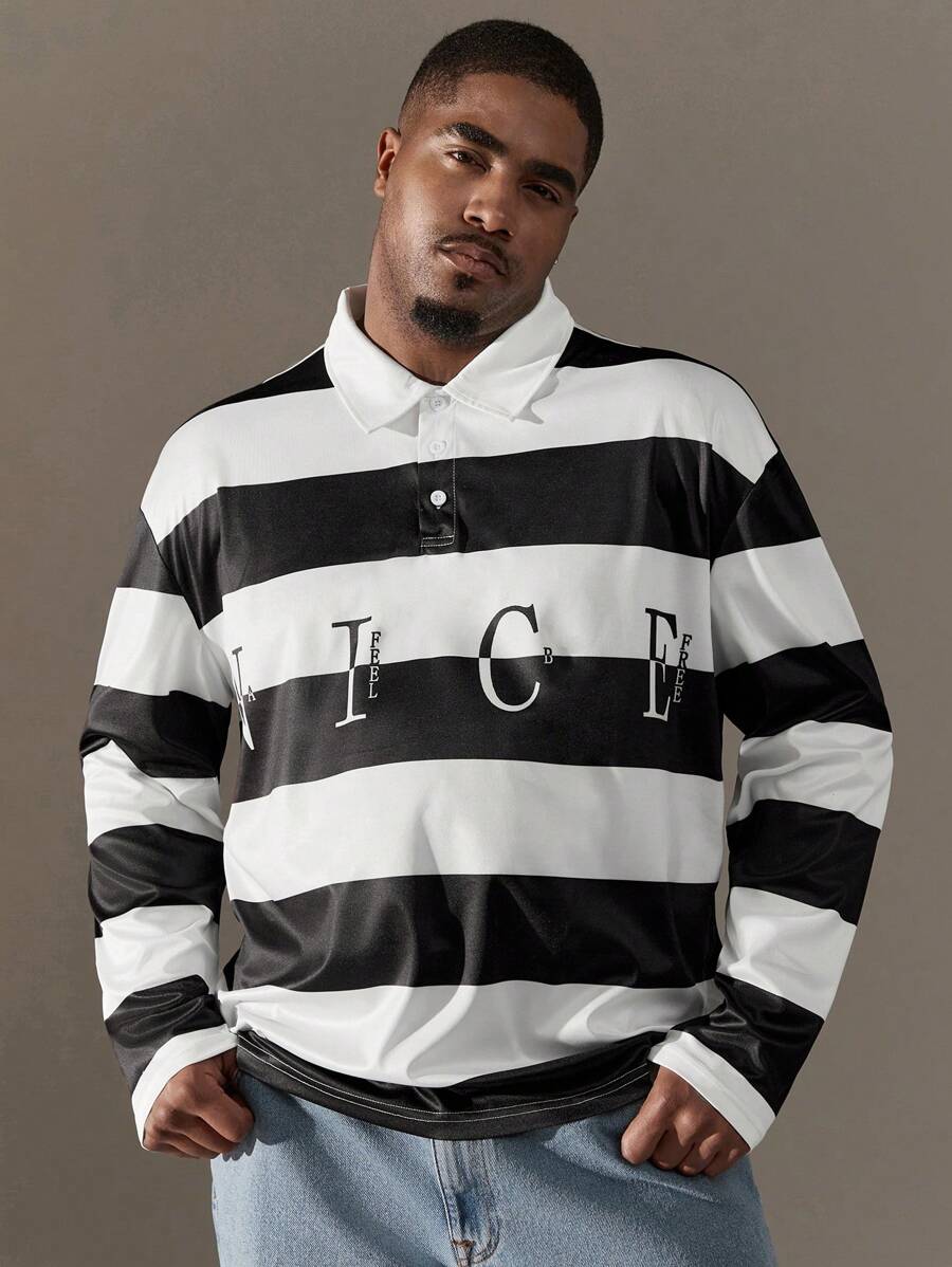 SHEIN Manfinity Homme Loose Fit Men's Plus Size Polo Shirt With Contrast Stripes And Letter Print