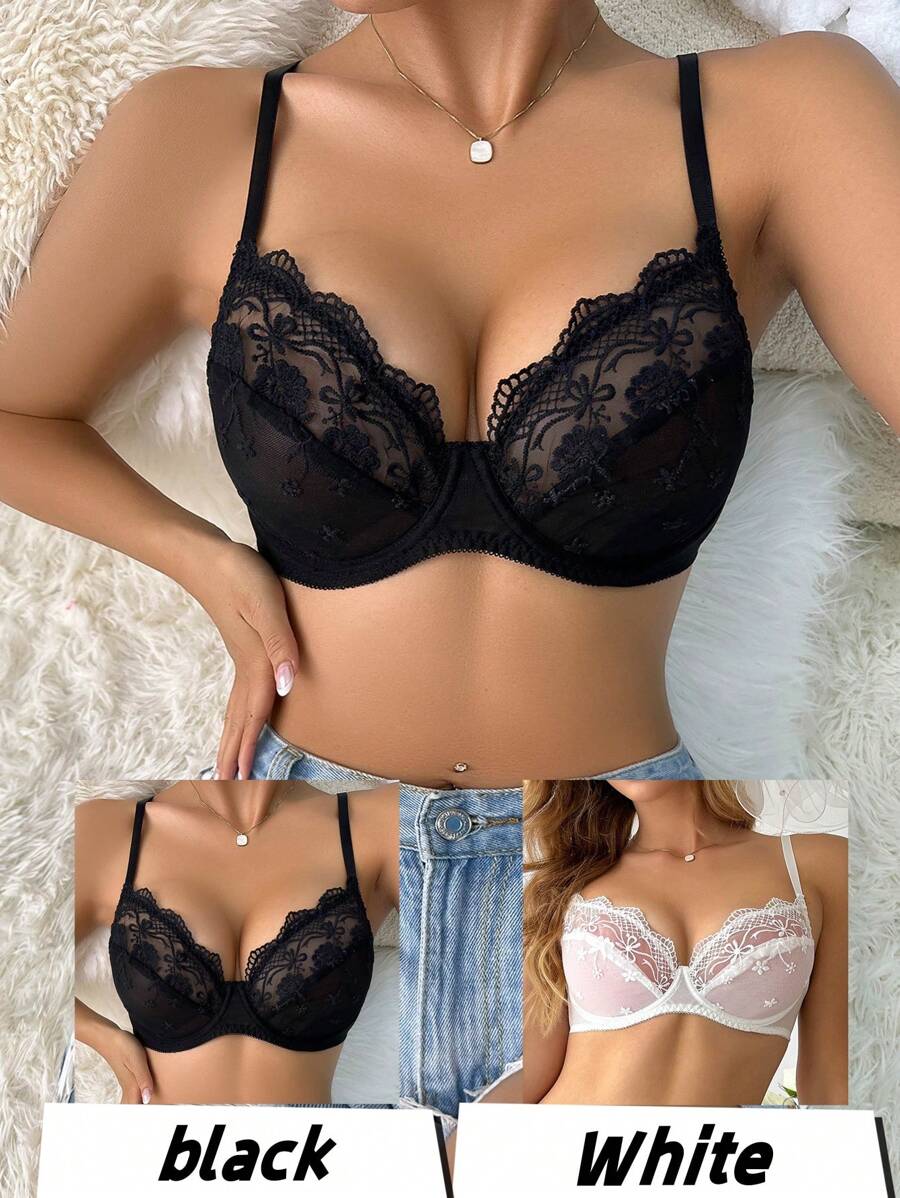 SHEIN Conjunto de sujetador y ropa interior de encaje de contraste para mujeres (juego de 2 piezas)