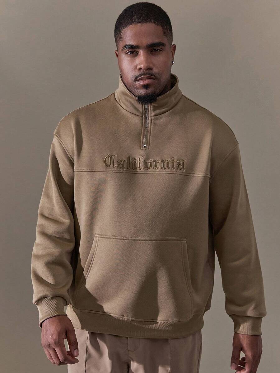 Manfinity Homme Men'S Plus Size Half Zip Sweatshirt With Kangaroo Pocket And Letter Embroidery