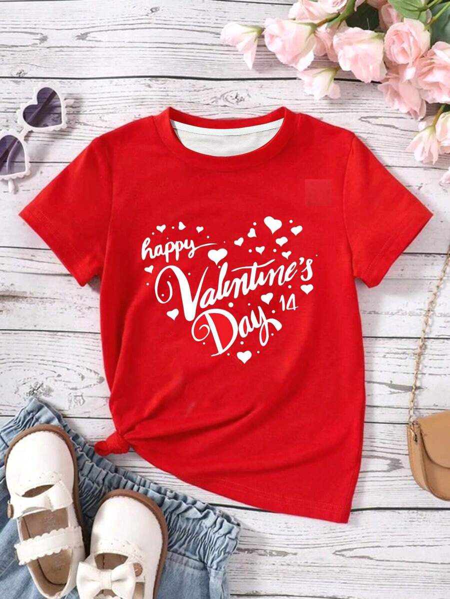 SHEIN Young Girl Short Sleeve Letter And Heart Print T-Shirt
