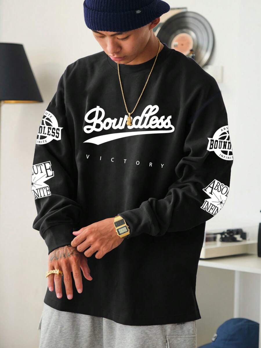 Manfinity Sporsity Camiseta de manga larga de cuello redondo y ajuste holgado para hombre con estampado de letras