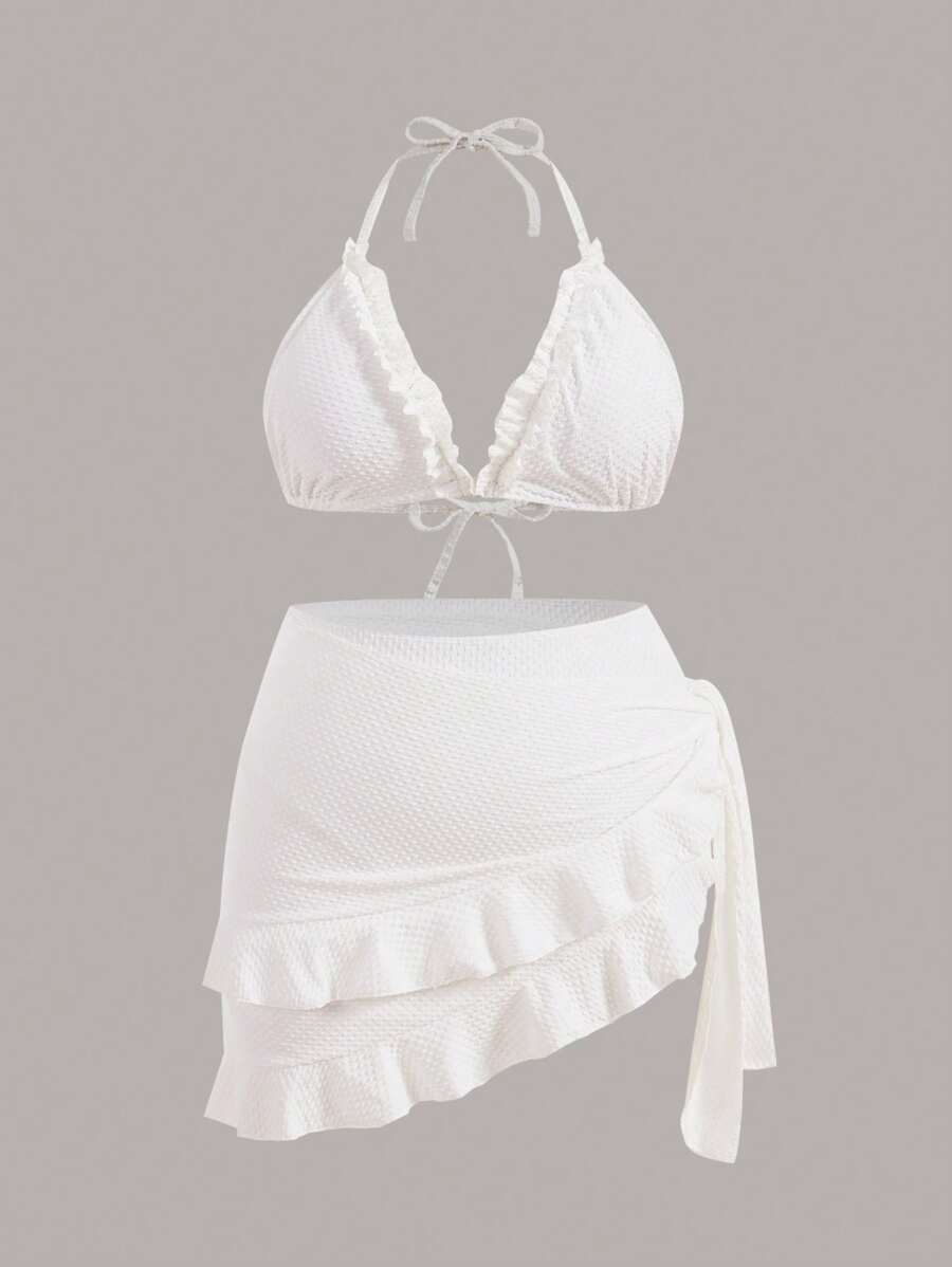Swim Mod Summer Beach Women's Plus Size White Halter Neck, Spaghetti Strap, Lace Trim Bikini Set 3 Pieces Set