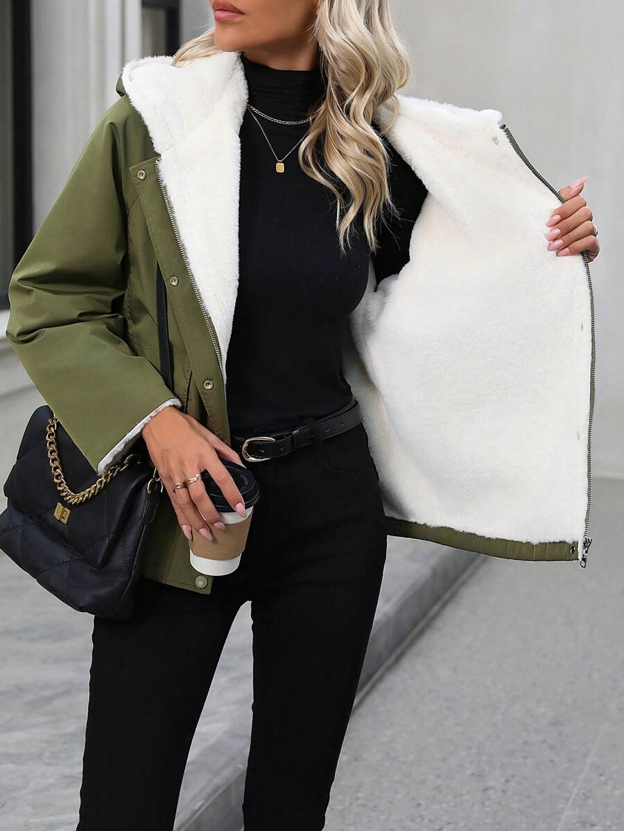 SHEIN LUNE Solid Color Hooded Fleece Padded Padded Coat Clothes Winter