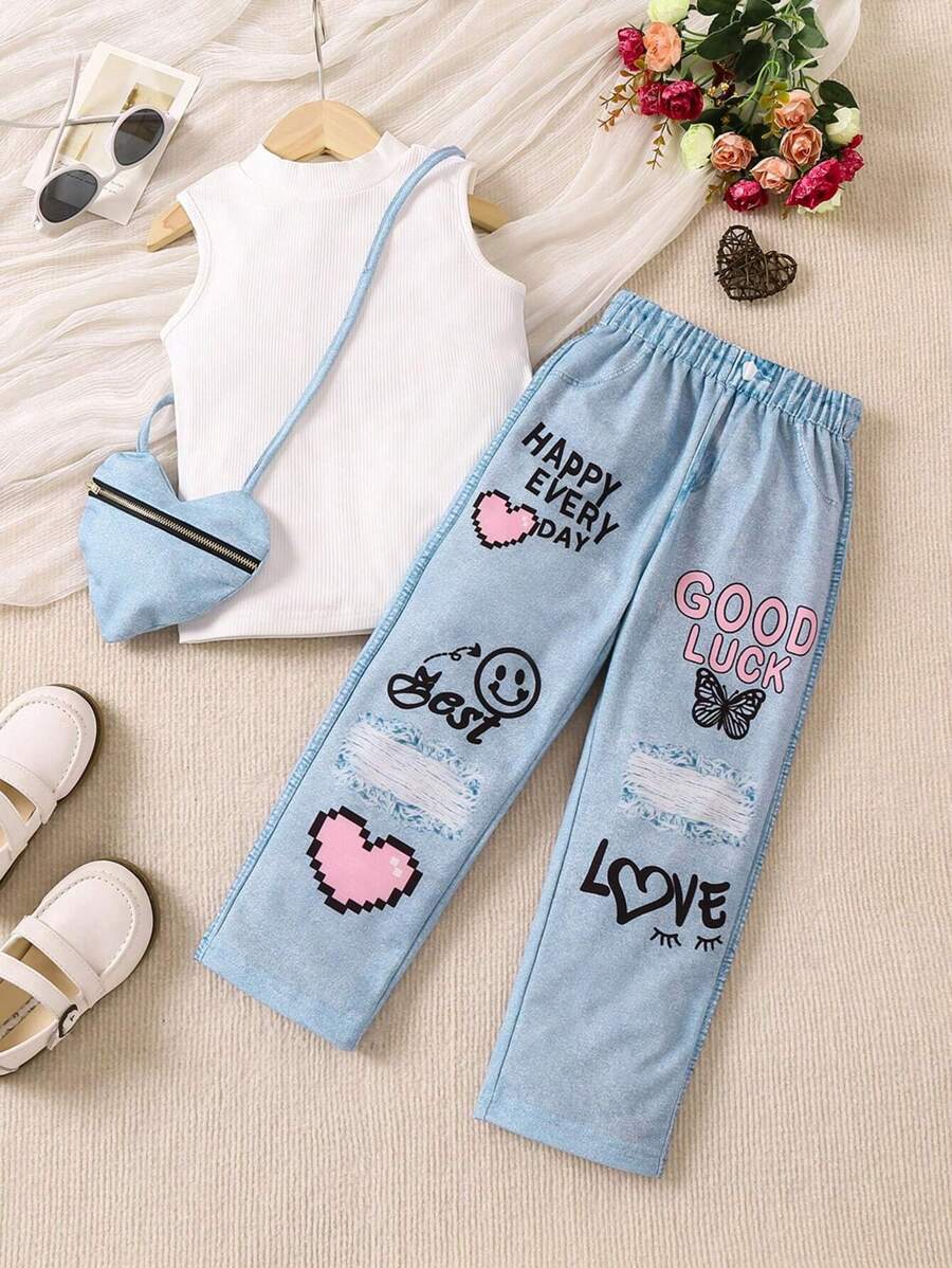 SHEIN Conjunto de regata de cor sólida e calça jeans com estampa de desenho animado para meninas com gola alta