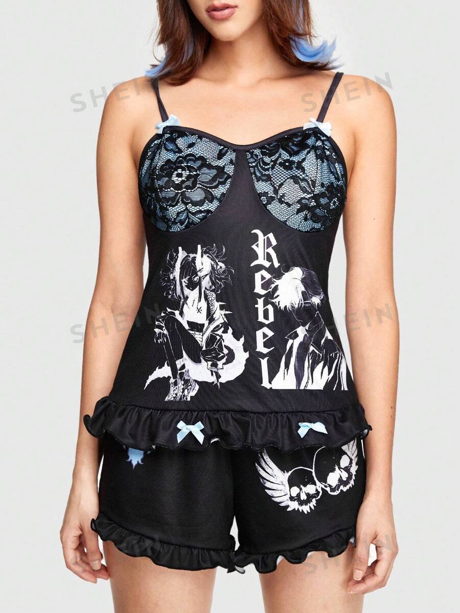 ROMWE Anime Conjunto De Pijama De Tirantes Cami Impreso Con Encaje, Bloque De Color De Empalme De Encaje Con Volantes Y Estampado De Dibujos Animado