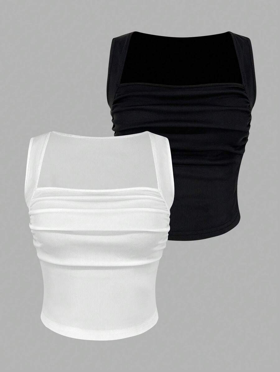 SHEIN EZwear Set de 2 piezas Camiseta sin mangas con fruncidos y unicolor, talla grande, para primavera/verano