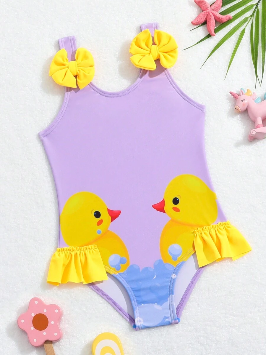 Costume Da Bagno Monopezzo Con Volant Stampato Con Cartone Animato Di Anatra Per Bambina Con Dettaglio Fiocco