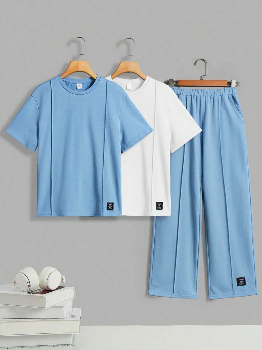 SHEIN Tween Boys' Loose Fit Casual Crew Neck Short Sleeve T-Shirt And Pants 3pcs Outfits Matching Set