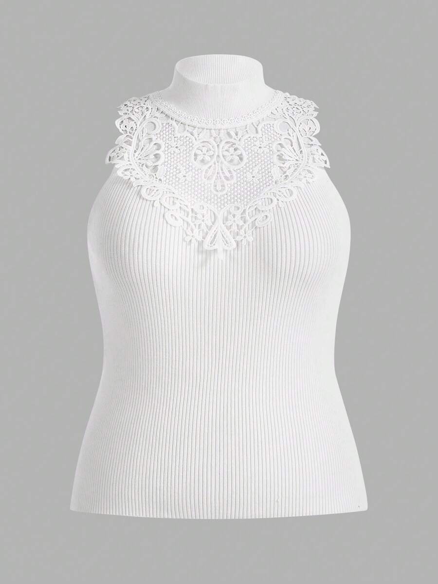 Franclia Women'S Plus Size Lace Splicing Stand Collar Knitted Top