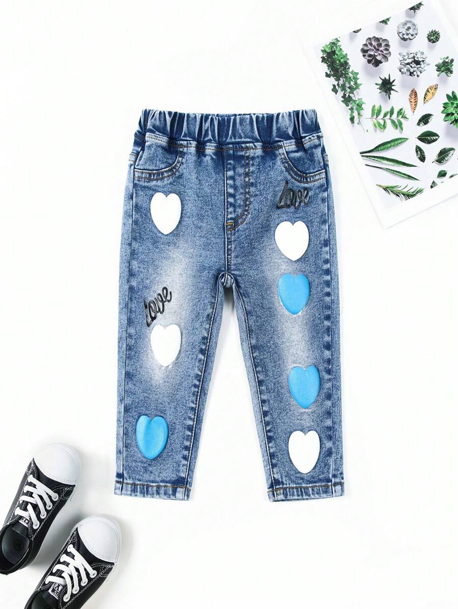 Baby Girls' Heart & Letter Pattern Washed Jeans