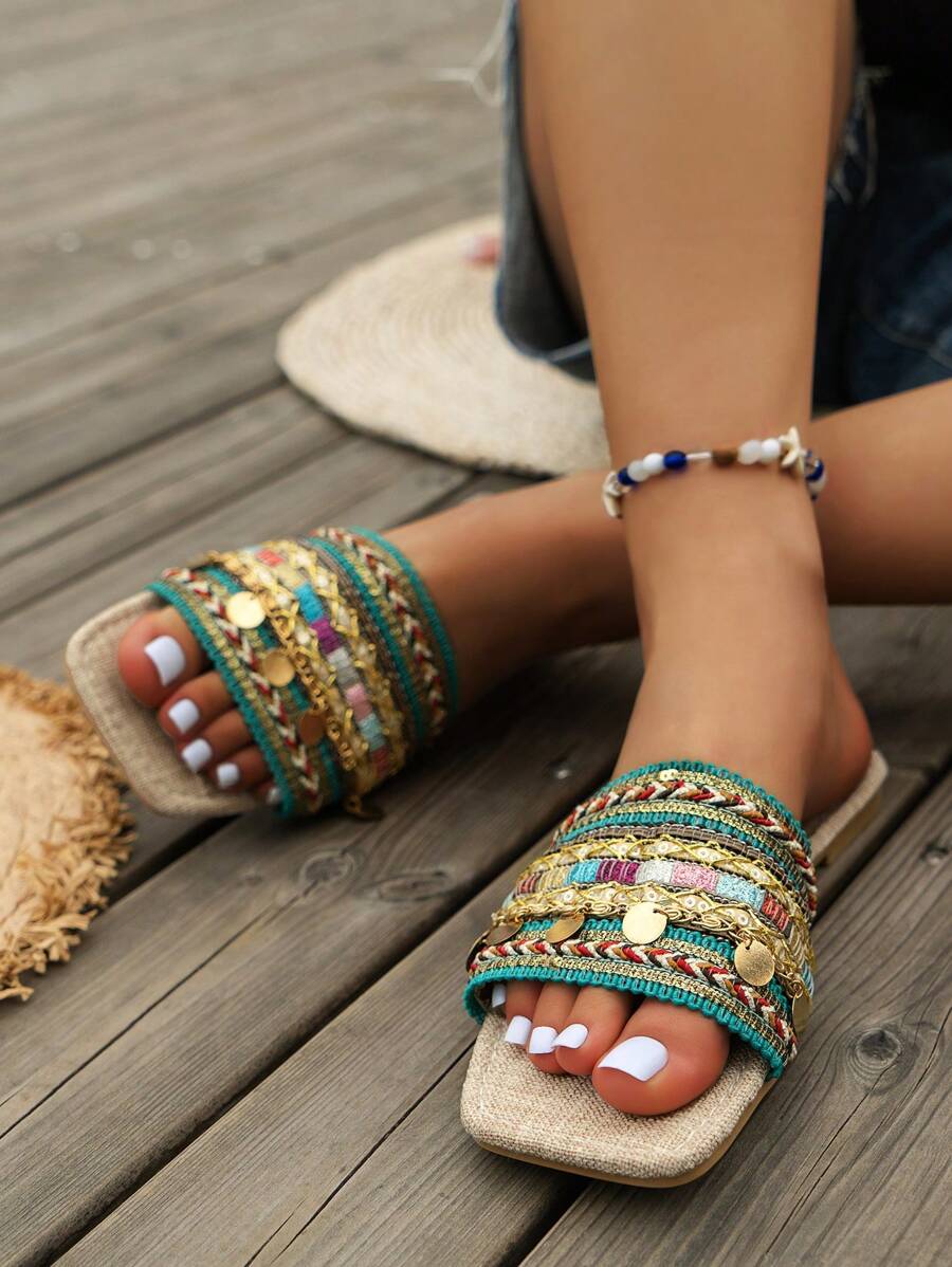 WRCVS Grüne Sommer Kette Stickerei Flat Sandalen, Boho Stil Perlen Urlaubs Party Pantoffeln, gewebte Slides ohne Verschluss