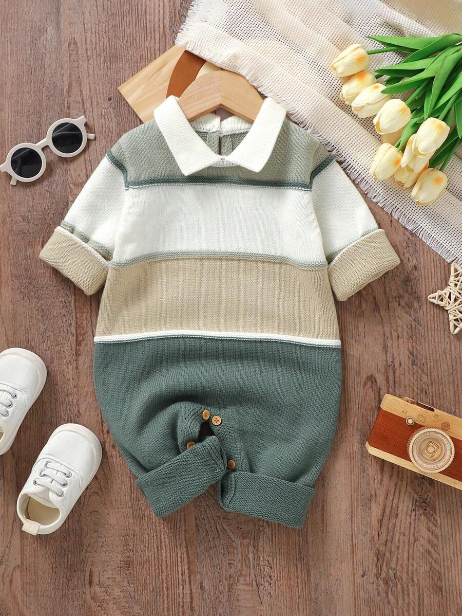 SHEIN Vintaside Kids Baby Boys' Color Block Collar Knit Romper Newborn Sweater Romper Lion Baby Clothes Winter Newborn Clothes Newborn Unisex Warm Clothes Neutral Baby Clothes