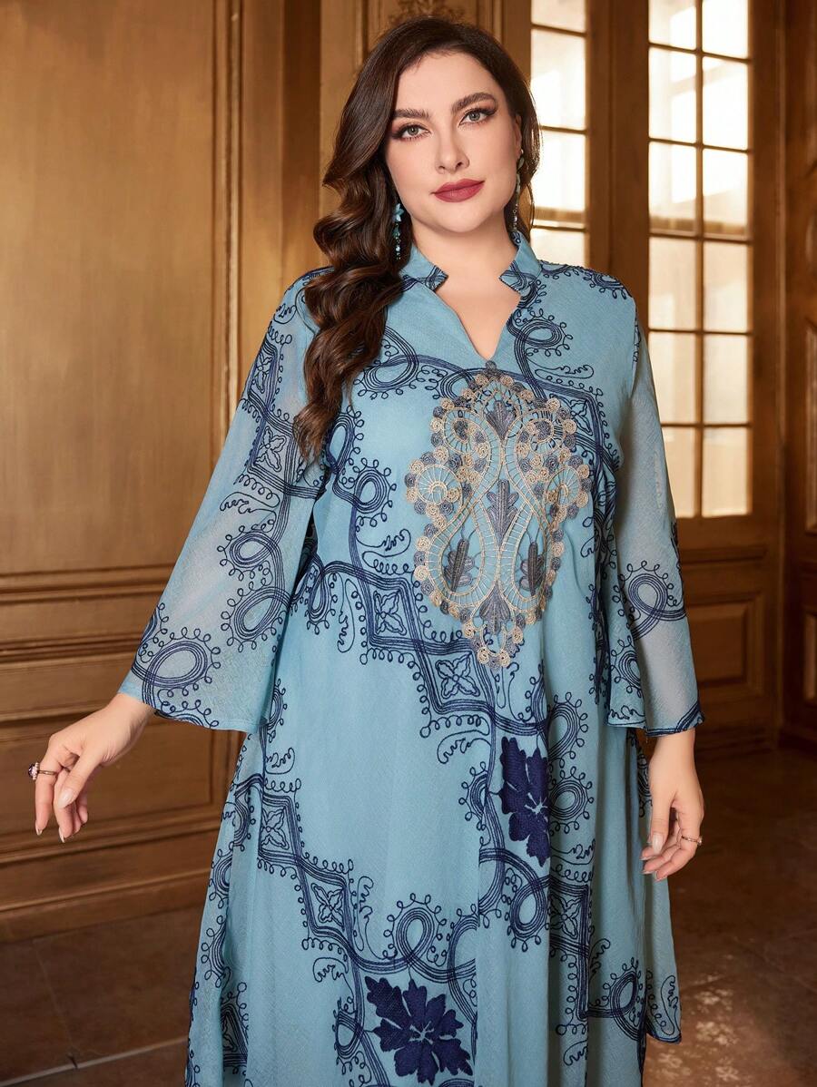 Al Najma Women'S Plus Size Lace Patchwork Notched Neckline High-Low Hem Dress